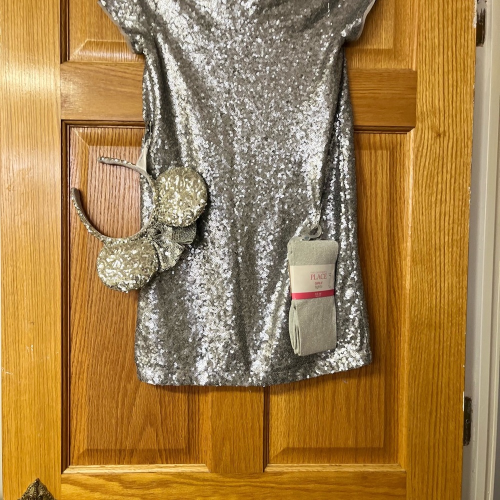 Kids Silver Sequin Dress with Matching Minnie Mouse headband and silver tights .